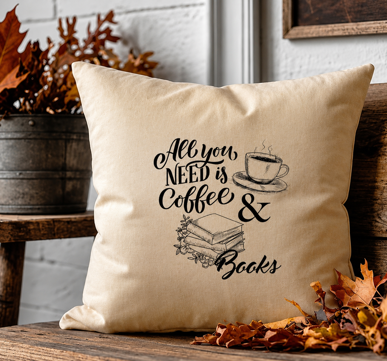 Kissen mit Coffee-and-Books-Motiv