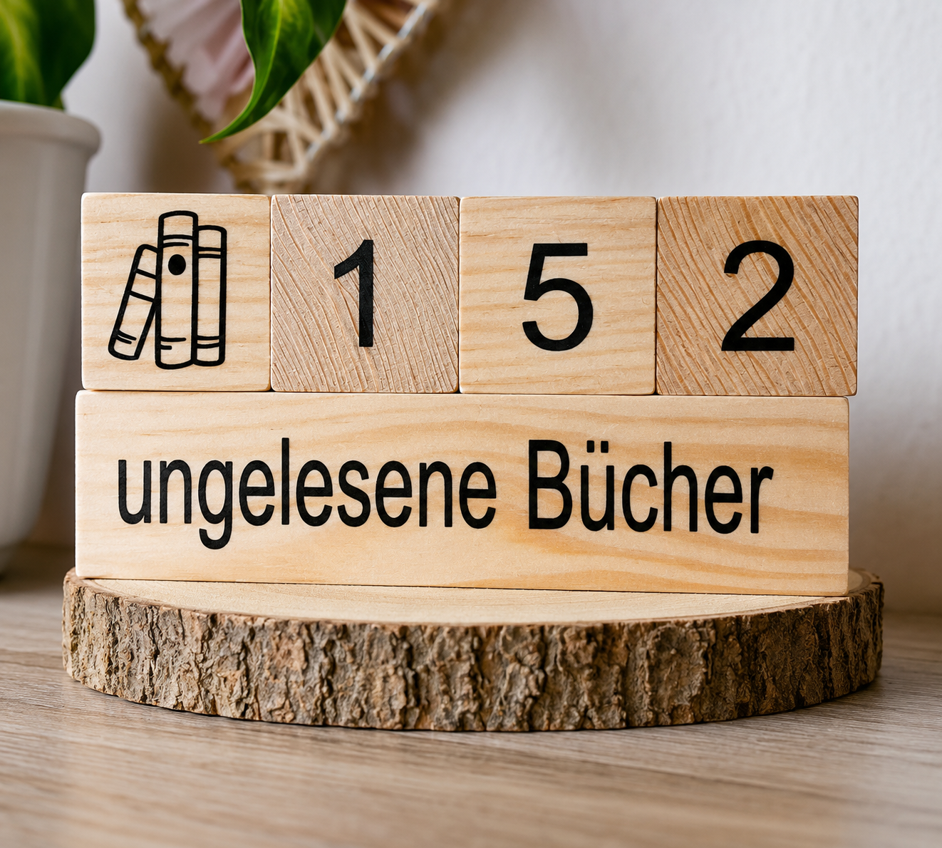 Holzblock-Zähler für ungelesene Bücher